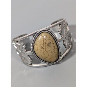 Green Brown Stone Cabochon Oak Leaf Cuff Bracelet Wide Statement Silver Tone 6.5
